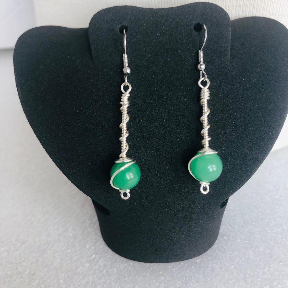 Green aventurine wire wrap gemstone bead dangle earrings handmade 2” silver